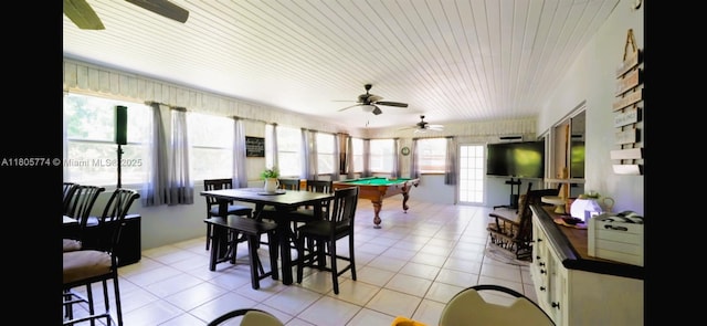 15225 SW 235th St, Homestead, FL 33032 - dining space featuring billiards table, ceiling fan, wooden ceiling, and light tile patterned flooring