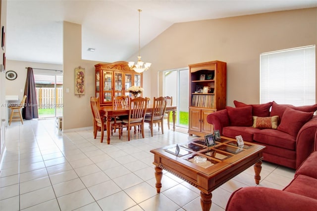 19171 NW 89th Ct, Hialeah, FL 33018 - living room featuring vaulted ceiling, a chandelier, and light tile patterned flooring