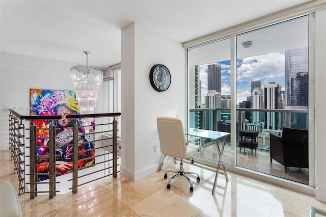 41 SE 5th St Unit 2008, Miami, FL 33131 - office area with a chandelier, expansive windows, and a skyline view