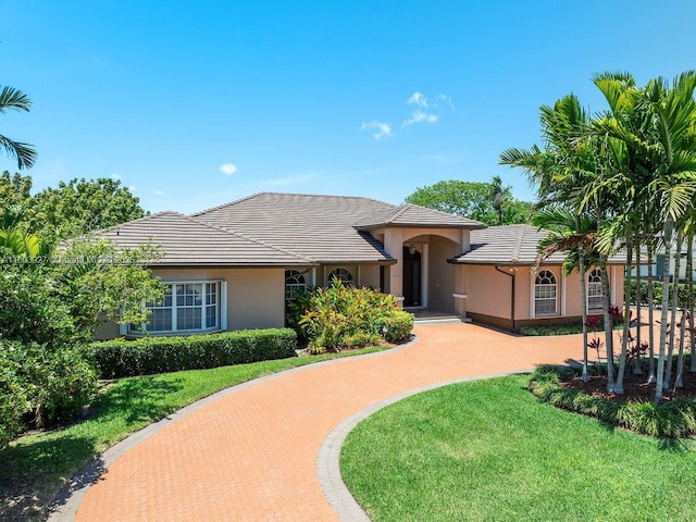 8281 SW 84th Ter, Miami, FL 33143 - ranch-style home with curved driveway, stucco siding, a front lawn, and a tiled roof