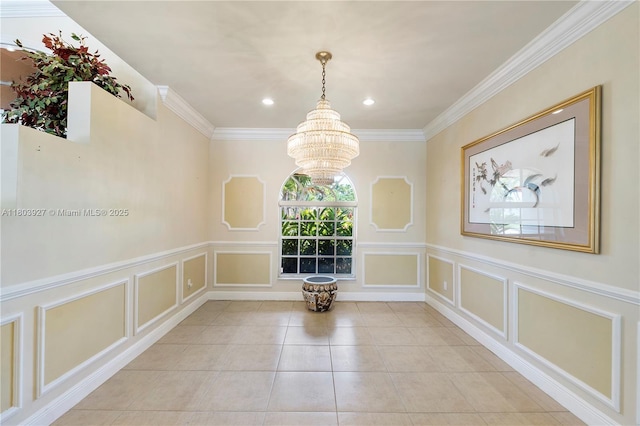 8281 SW 84th Ter, Miami, FL 33143 - unfurnished dining area featuring a chandelier, a decorative wall, ornamental molding, tile patterned flooring, and recessed lighting