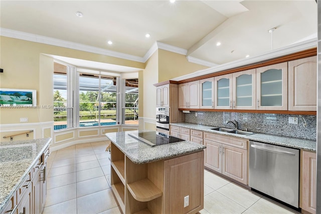8281 SW 84th Ter, Miami, FL 33143 - kitchen with appliances with stainless steel finishes, crown molding, tasteful backsplash, a center island, and open shelves