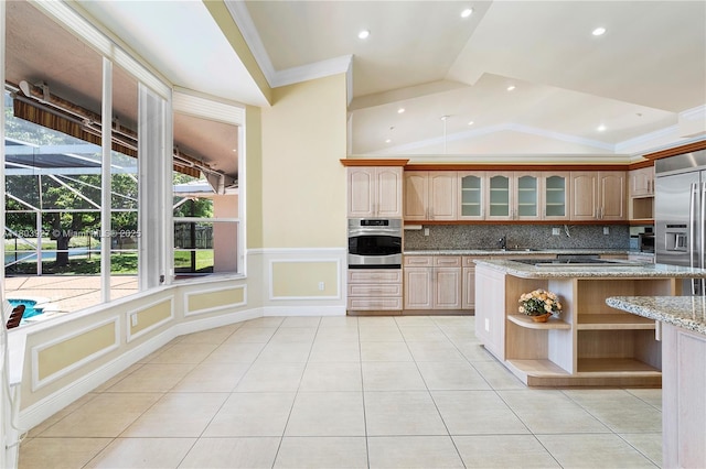8281 SW 84th Ter, Miami, FL 33143 - kitchen with stainless steel appliances, open shelves, crown molding, backsplash, and light tile patterned floors