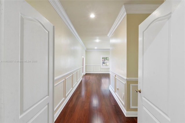 8281 SW 84th Ter, Miami, FL 33143 - hallway with a decorative wall, crown molding, hardwood / wood-style flooring, a wainscoted wall, and recessed lighting