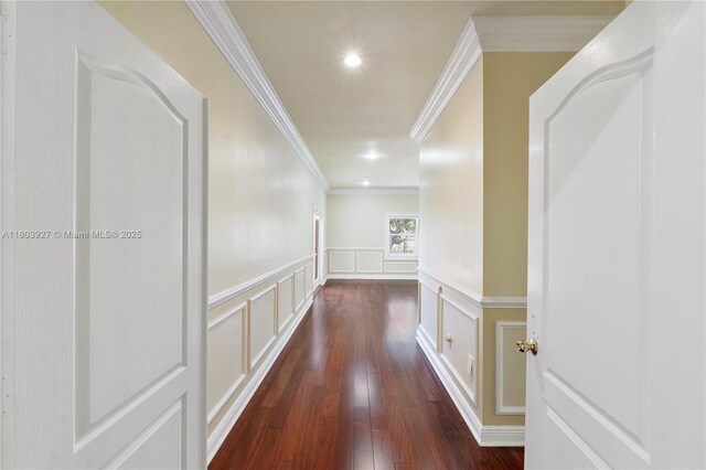 8281 SW 84th Ter, Miami, FL 33143 - corridor with a decorative wall, dark wood-style floors, crown molding, wainscoting, and recessed lighting