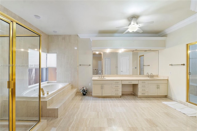 8281 SW 84th Ter, Miami, FL 33143 - full bath with double vanity, a garden tub, a stall shower, ceiling fan, and crown molding