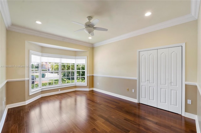 8281 SW 84th Ter, Miami, FL 33143 - unfurnished bedroom with dark wood-style flooring, a closet, ornamental molding, a ceiling fan, and recessed lighting