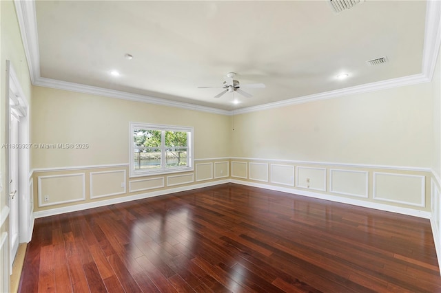 8281 SW 84th Ter, Miami, FL 33143 - unfurnished room with a ceiling fan, wood-type flooring, a decorative wall, crown molding, and a wainscoted wall