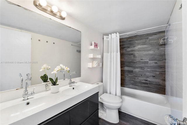 900 Bay Dr Unit 210, Miami Beach, FL 33141 - bathroom featuring shower / bath combination with curtain, toilet, double vanity, and wood finished floors