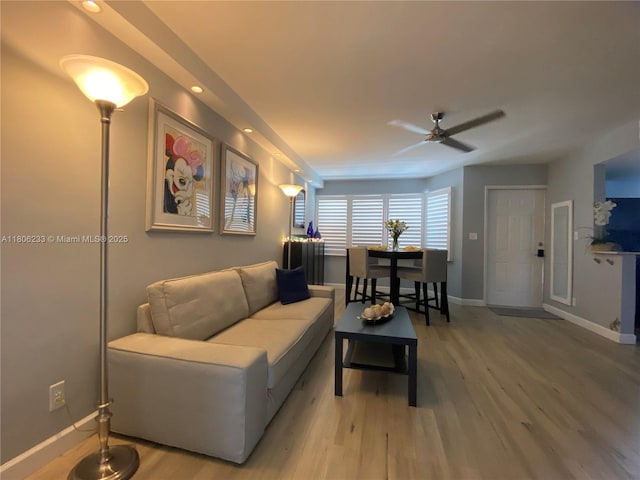 535 Hendricks Isle Unit 303, Fort Lauderdale, FL 33301 - living room with a ceiling fan, wood finished floors, baseboards, and recessed lighting