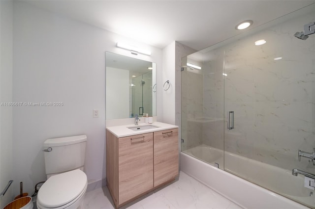 16385 Biscayne Blvd Unit 2707, North Miami Beach, FL 33160 - bathroom featuring marble finish floors, toilet, enclosed tub / shower combo, and vanity