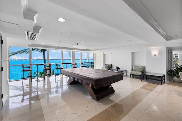 1155 Brickell Bay Dr Unit 2005, Miami, FL 33131 - recreation room with billiards table, recessed lighting, a water view, light tile patterned flooring, and floor to ceiling windows