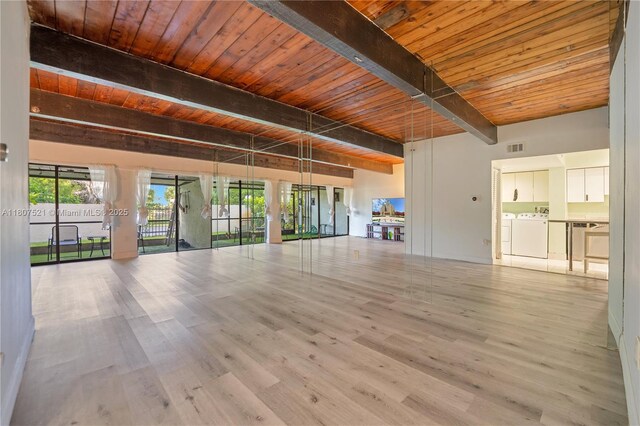 19412 NE 26th Ave Unit 143B, Miami, FL 33180 - unfurnished living room with washer and clothes dryer, wooden ceiling with exposed beams, and wood finished floors