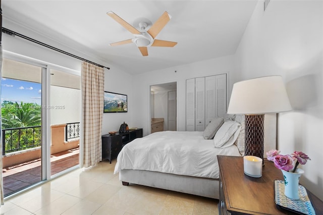 5235 Fisher Island Dr Unit 5235, Miami Beach, FL 33109 - bedroom with access to outside, light tile patterned floors, ceiling fan, and ensuite bath