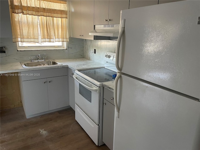 2041 NW 81st Ave Unit 414, Pembroke Pines, FL 33024 - kitchen featuring white appliances, under cabinet range hood, a sink, and light countertops