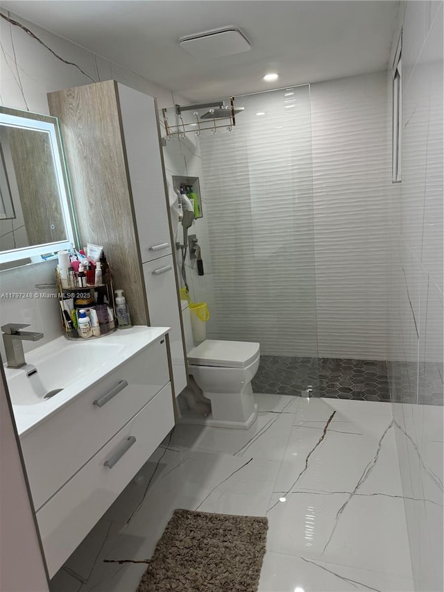 6055 W 19th Ave Unit 216, Hialeah, FL 33012 - full bathroom featuring toilet, tiled shower, vanity, and marble finish flooring