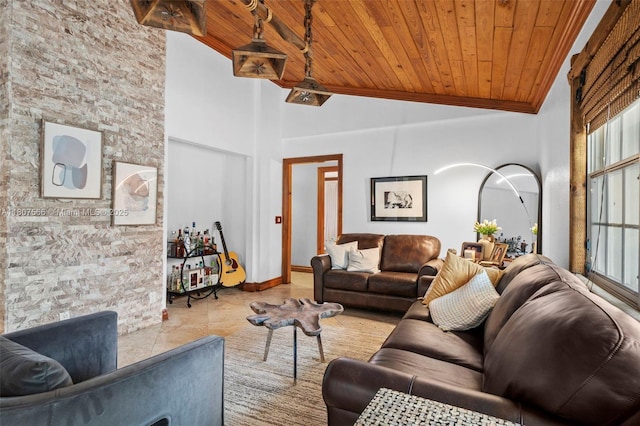 5310 SW 172nd Ave, Southwest Ranches, FL 33331 - living area with wooden ceiling, baseboards, and high vaulted ceiling