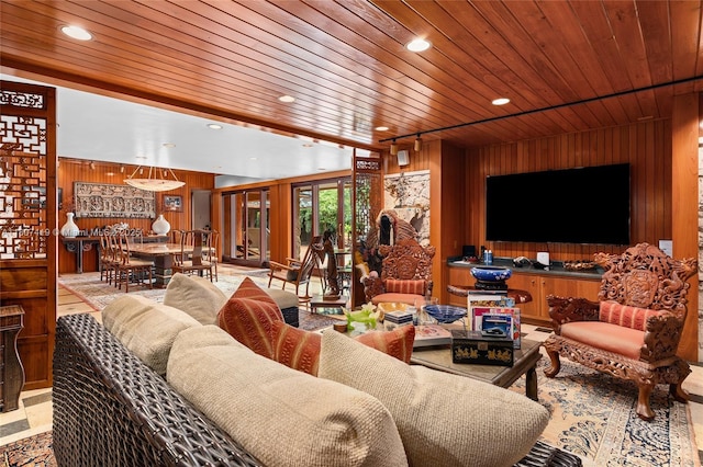 5725 N Bayshore Dr, Miami, FL 33137 - living area featuring wood ceiling, wood walls, and recessed lighting