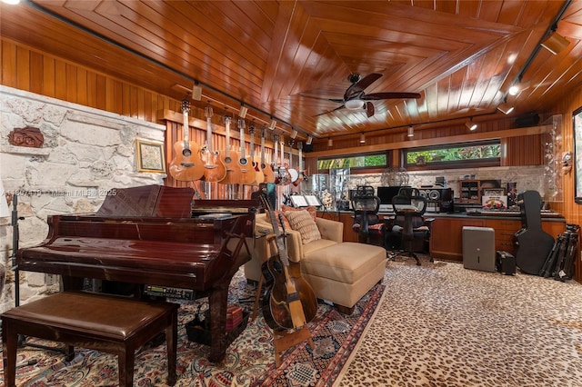 5725 N Bayshore Dr, Miami, FL 33137 - miscellaneous room featuring a ceiling fan, wood ceiling, and wooden walls