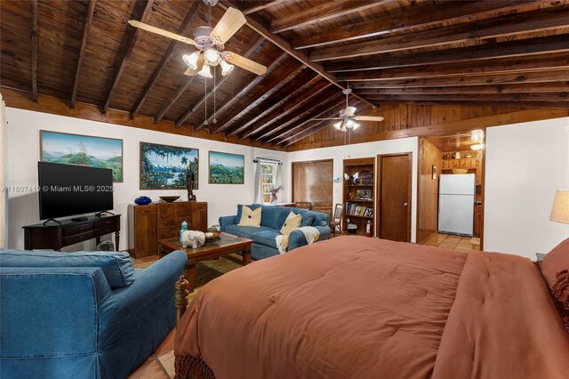 5725 N Bayshore Dr, Miami, FL 33137 - bedroom featuring freestanding refrigerator, wood ceiling, and a ceiling fan