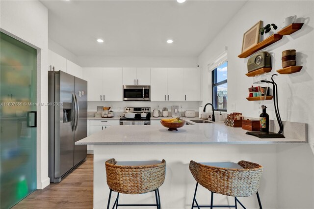 12982 SW 232nd Ln, Miami, FL 33170 - kitchen with stainless steel appliances, open shelves, a peninsula, a sink, and white cabinets