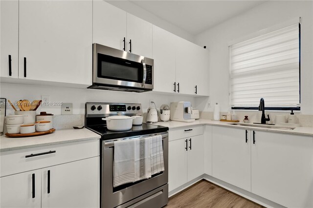 12982 SW 232nd Ln, Miami, FL 33170 - kitchen with stainless steel appliances, a sink, light wood-style floors, white cabinetry, and light countertops