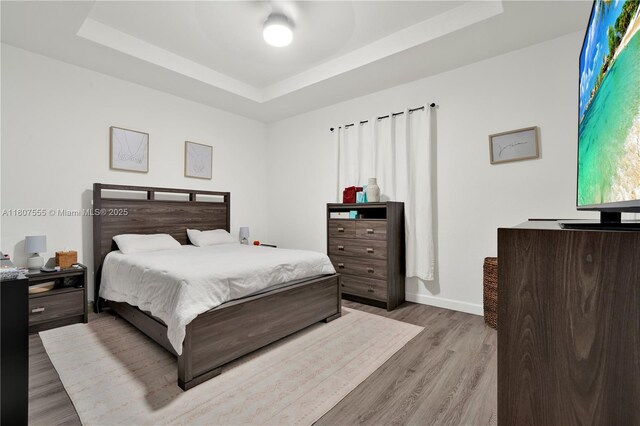 12982 SW 232nd Ln, Miami, FL 33170 - bedroom featuring a tray ceiling, light wood-style floors, and baseboards