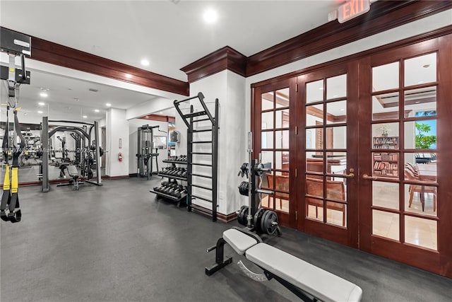 8925 Collins Ave Unit 4A, Surfside, FL 33154 - exercise room featuring french doors and baseboards
