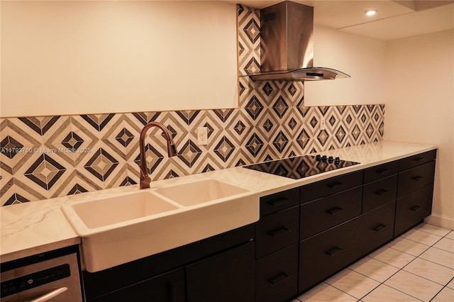 500 Three Islands Blvd Unit 106, Hallandale Beach, FL 33009 - kitchen featuring black electric cooktop, wall chimney range hood, dark cabinets, backsplash, and light tile patterned flooring