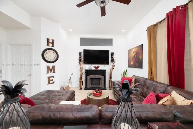 4832 SW 159th Ave, Miramar, FL 33027 - living area featuring a ceiling fan, a glass covered fireplace, and recessed lighting
