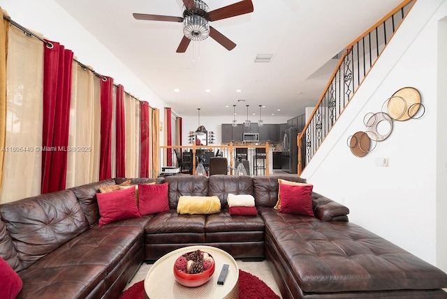 4832 SW 159th Ave, Miramar, FL 33027 - living room featuring ceiling fan, stairs, and recessed lighting