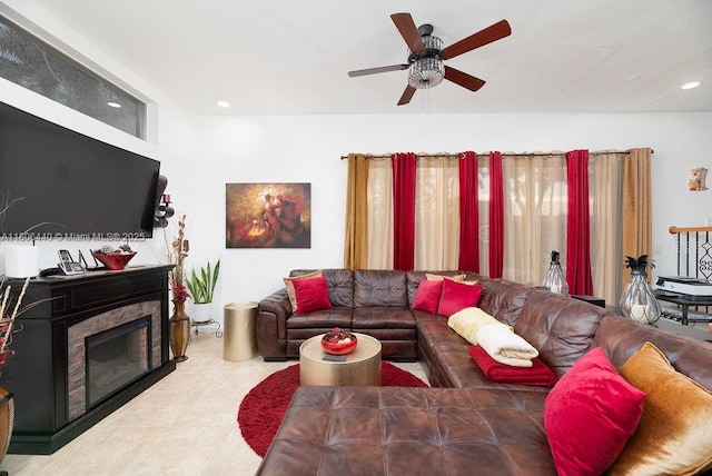 4832 SW 159th Ave, Miramar, FL 33027 - living area with a ceiling fan, a glass covered fireplace, and recessed lighting