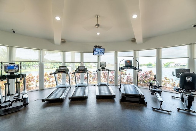 4832 SW 159th Ave, Miramar, FL 33027 - gym featuring beam ceiling, a ceiling fan, and recessed lighting