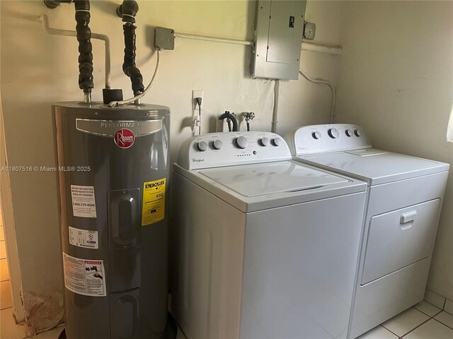 11753 SW 32nd St, Miami, FL 33175 - laundry area featuring electric water heater, electric panel, washer and clothes dryer, and light tile patterned flooring