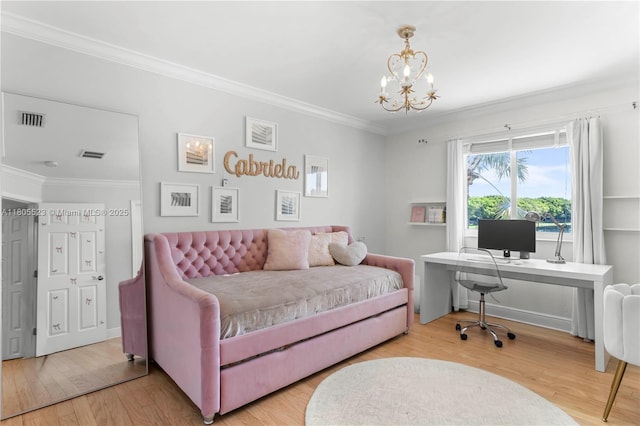 3905 Pinecrest Ct, Weston, FL 33331 - bedroom with crown molding, a chandelier, a desk, and wood finished floors