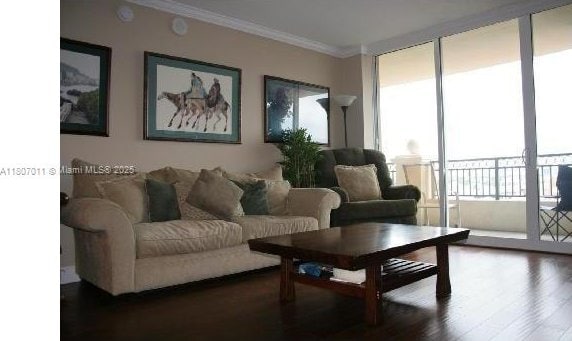 3232 SW 22nd Ter Unit 1003, Miami, FL 33145 - living area with ornamental molding and dark wood-style flooring