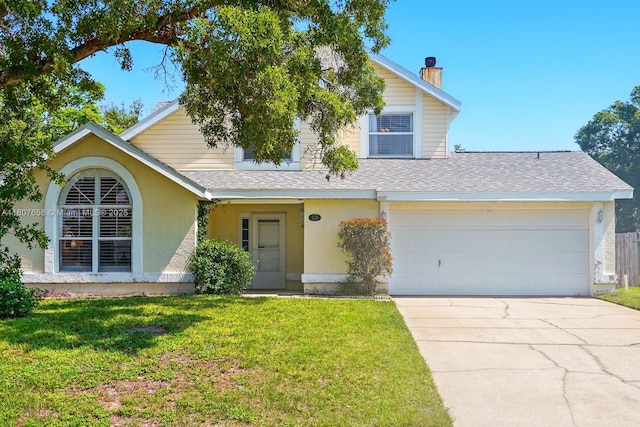 879 Matt Ln, Port Orange, FL 32127 - view of front facade with a front yard, a shingled roof, concrete driveway, stucco siding, and a chimney