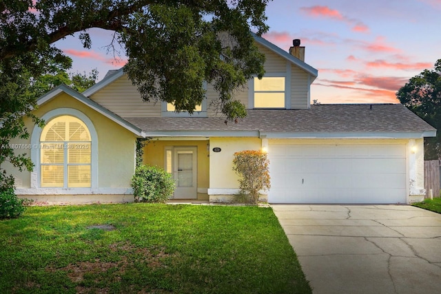 879 Matt Ln, Port Orange, FL 32127 - view of front of property with a shingled roof, driveway, a lawn, and a chimney