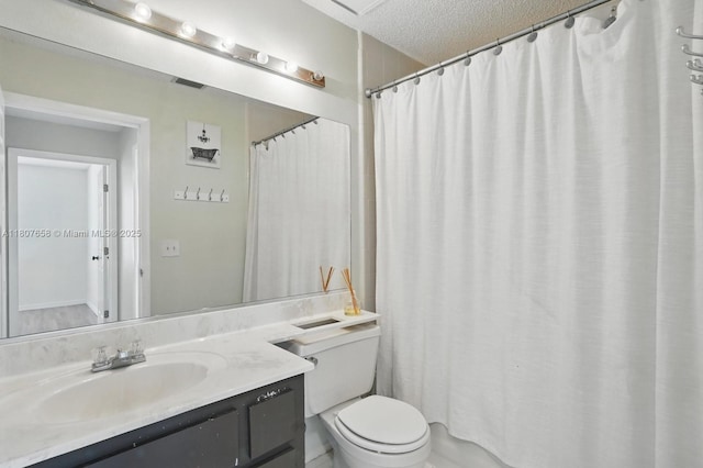 879 Matt Ln, Port Orange, FL 32127 - bathroom featuring vanity, toilet, a textured ceiling, and curtained shower
