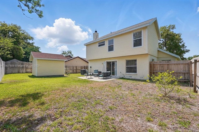 879 Matt Ln, Port Orange, FL 32127 - rear view of house with a patio area, a chimney, central AC unit, stucco siding, and an outdoor structure