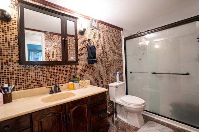 2101 Atlantic Shores Blvd Unit 120, Hallandale Beach, FL 33009 - bathroom featuring toilet, a stall shower, vanity, and tile walls
