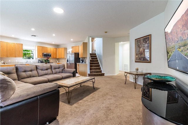 13366 NW 14th St, Pembroke Pines, FL 33028 - living room with light carpet, stairs, recessed lighting, and baseboards