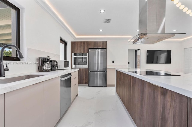 4861 SW 5th St, Miami, FL 33134 - kitchen with modern cabinets, appliances with stainless steel finishes, island range hood, a sink, and light marble finish floors