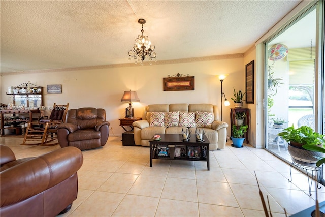 9823 S Hollybrook Lake Dr Unit 105, Pembroke Pines, FL 33025 - tiled living room with a textured ceiling and a chandelier