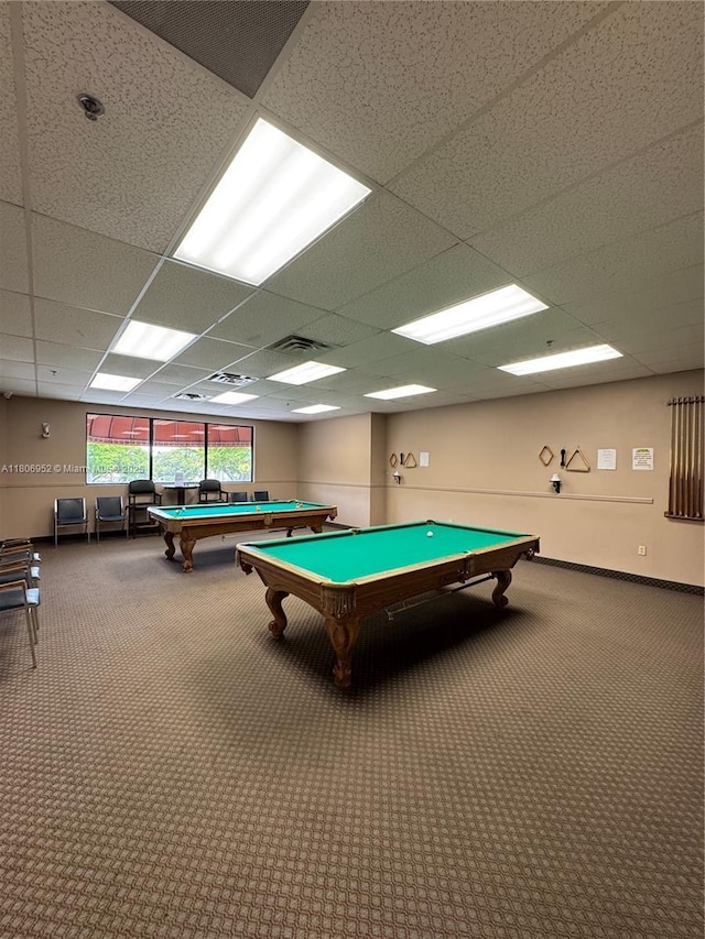 9823 S Hollybrook Lake Dr Unit 105, Pembroke Pines, FL 33025 - rec room featuring a paneled ceiling, carpet, and billiards table