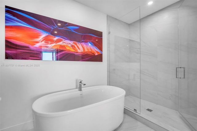17550 Collins Ave Unit 704, Sunny Isles Beach, FL 33160 - full bath with a shower stall, a soaking tub, marble finish flooring, and recessed lighting