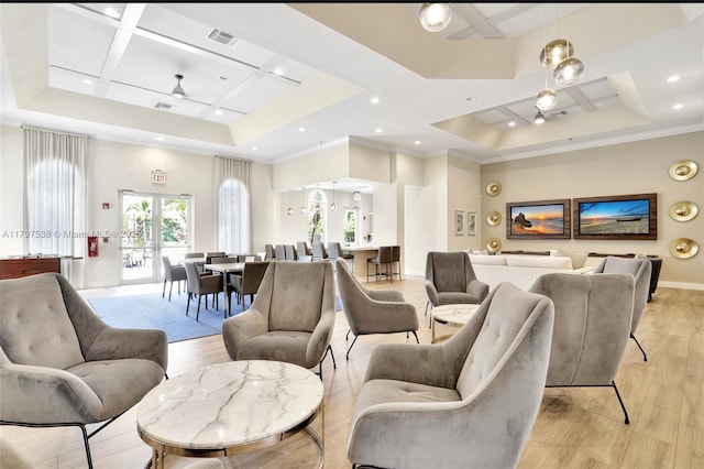 4017 W Gardenia Ave, Weston, FL 33332 - living area featuring coffered ceiling, a tray ceiling, ornamental molding, recessed lighting, and baseboards