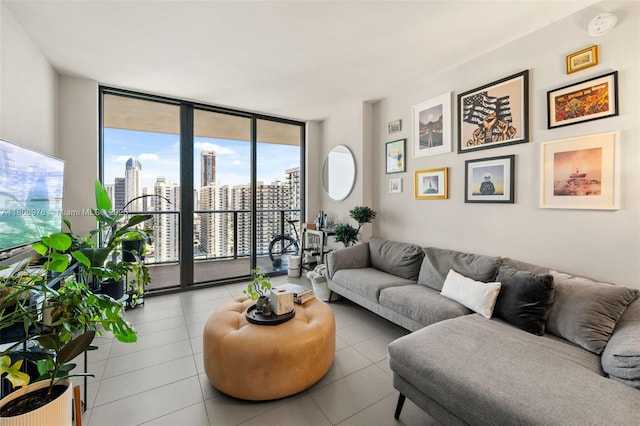 1600 NE 1st Ave Unit 2907, Miami, FL 33132 - living room featuring floor to ceiling windows, tile patterned flooring, and a skyline view
