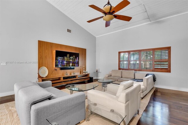 1550 Tyler St, Hollywood, FL 33020 - living area with high vaulted ceiling, wood finished floors, ceiling fan, baseboards, and wooden ceiling