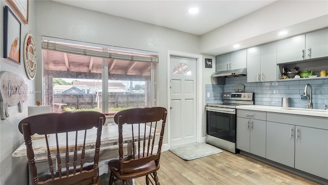 15 W 55th St, Hialeah, FL 33012 - kitchen with electric range, a sink, under cabinet range hood, decorative backsplash, and light wood-style flooring